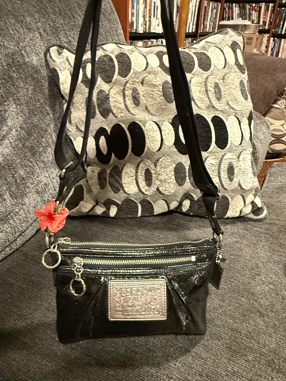 Coach Black Patent Leather Crossbody with Red Flower Charm